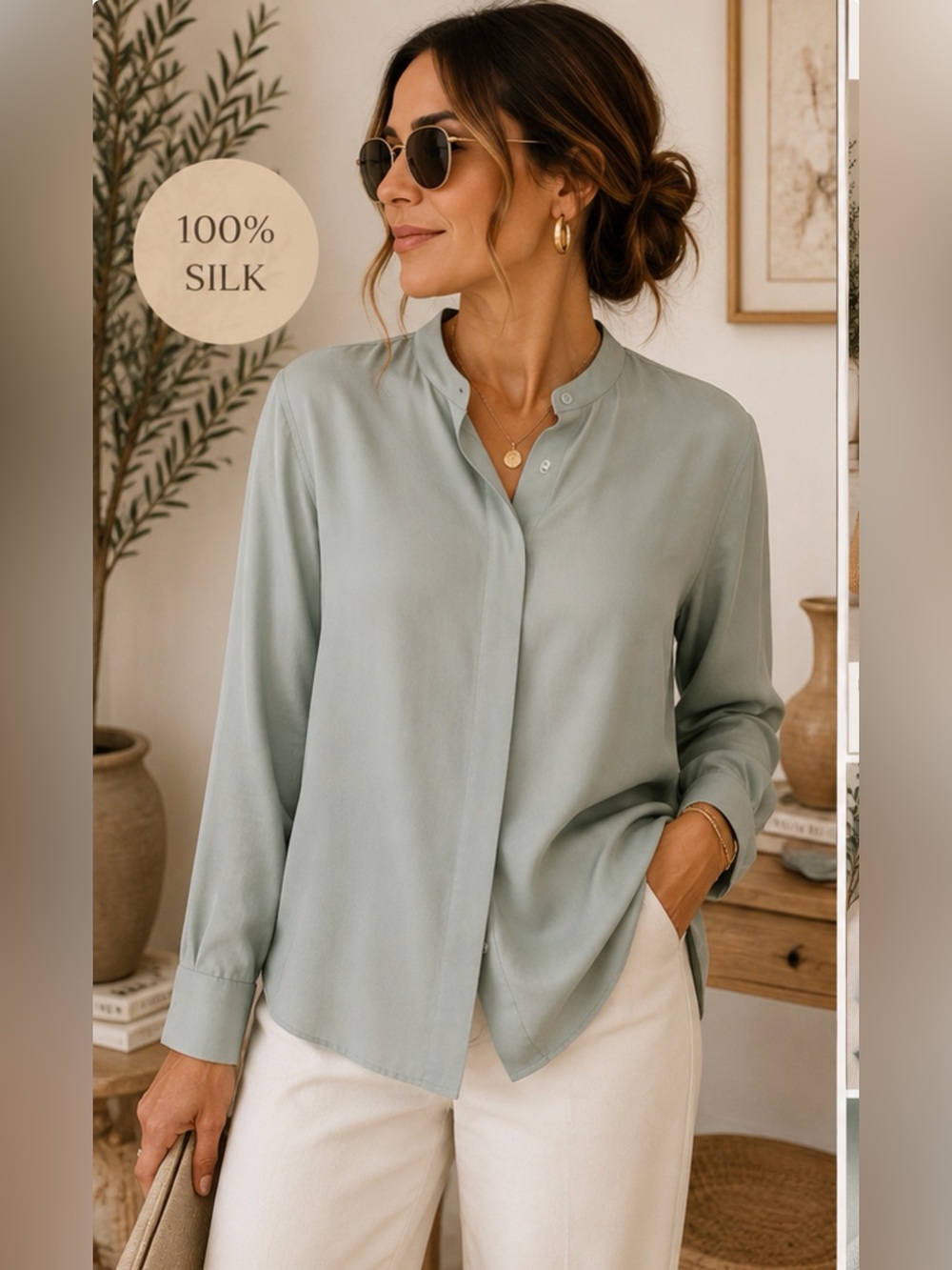 Eileen Fisher Blouse XS‎ Sage Green Mandarin Collar Hidden Button Quiet Luxury
